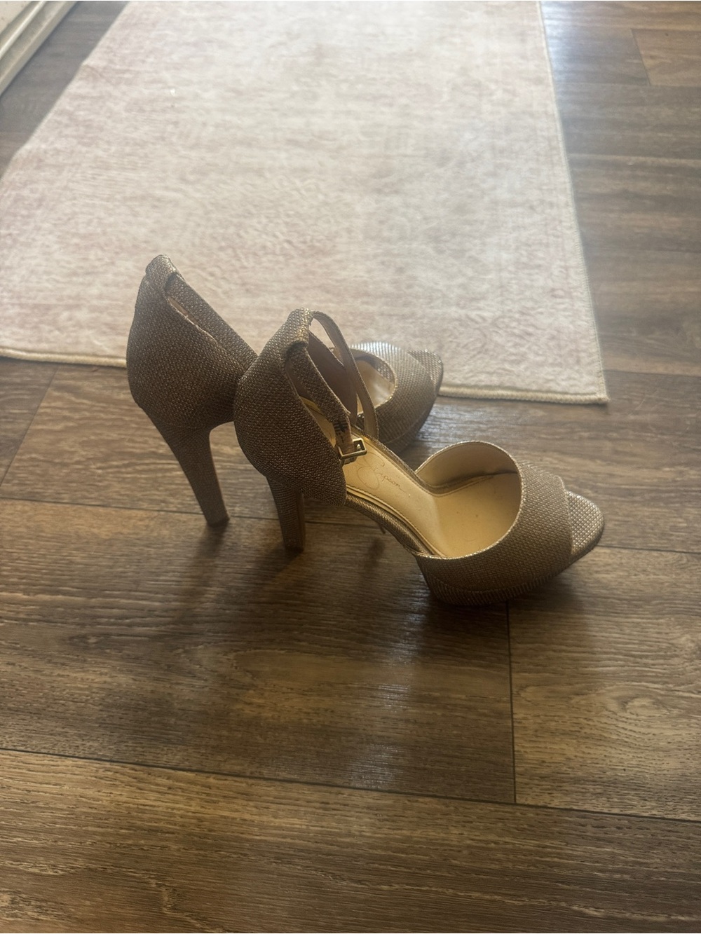 Jessica Simpson Champagne Glitter Open-Toe High Heels with Ankle Strap